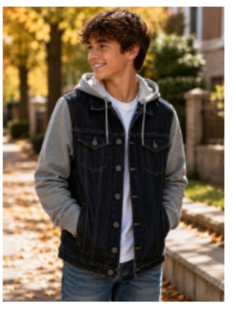 NWT Boys RSQ Grey Sleeves and Hooded Denim Jacket, Large